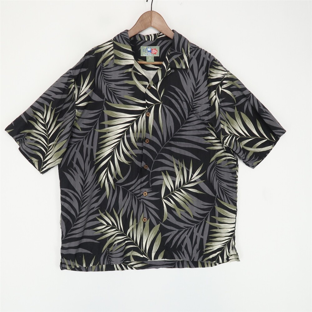 Hilo Hattie Shirt Mens M Black Palm Leaf 100% Silk Hawaiian Aloha Camp Collar
